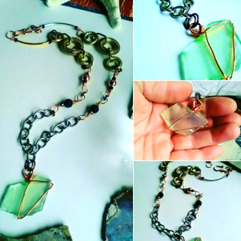 Handmade Sea Glass Steampunk Style Chain Necklace